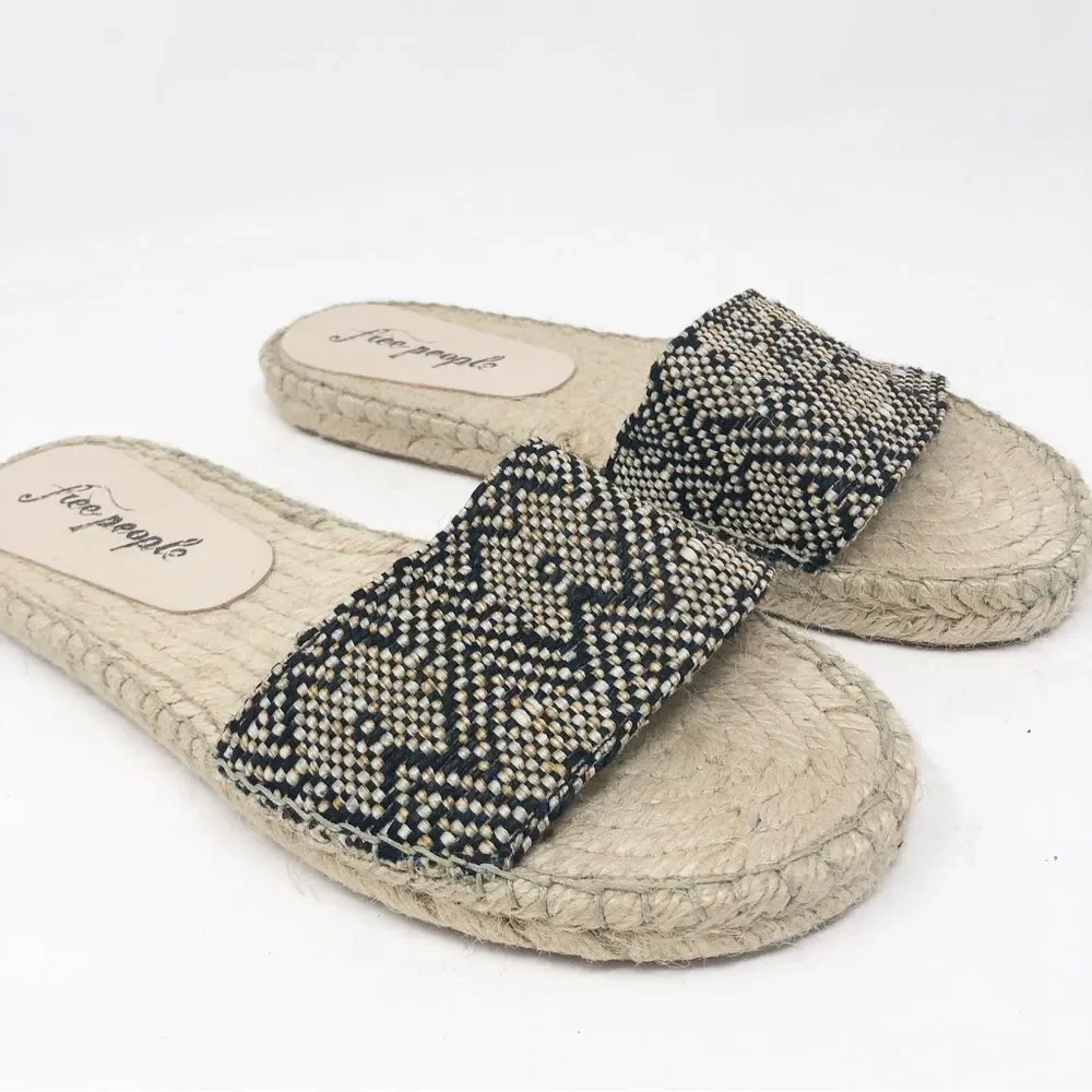 FREE PEOPLE | Beach Front Espadrille Woven Slides Black & Beige NEW Women’s 7